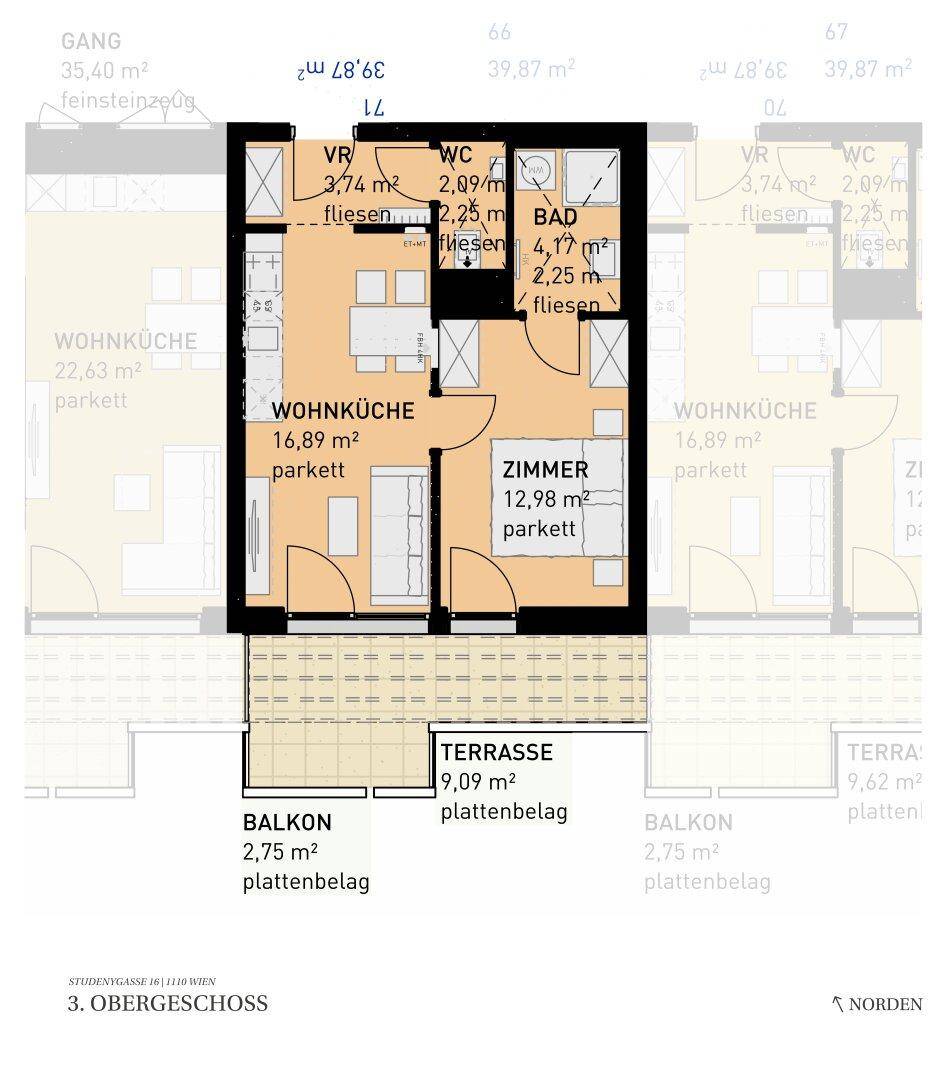 Grundriss einer Wohnung im 3. Obergeschoss mit offener Wohnküche, einem Zimmer, Bad, separatem WC, Balkon und Terrasse.