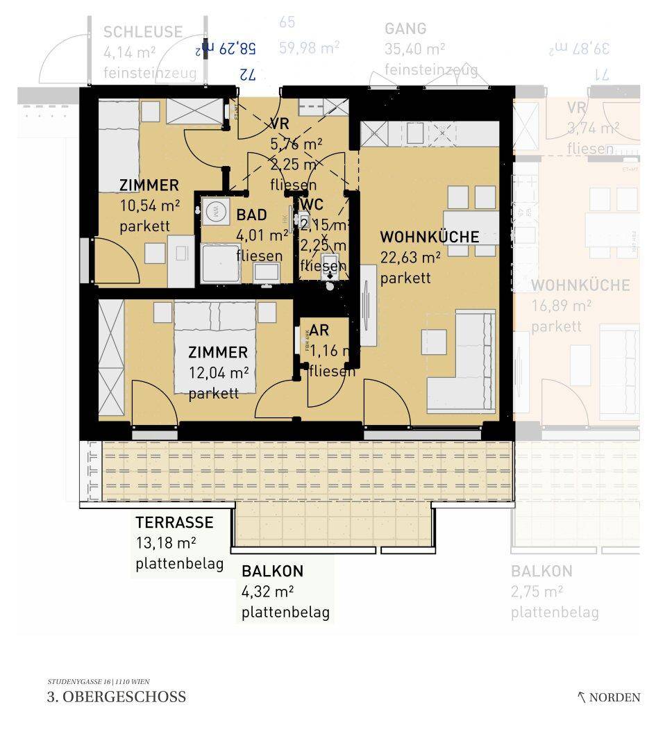 Grundriss einer Wohnung im 3. Obergeschoss mit zwei Zimmern, Wohnküche, Bad, WC, Balkon und Terrasse.