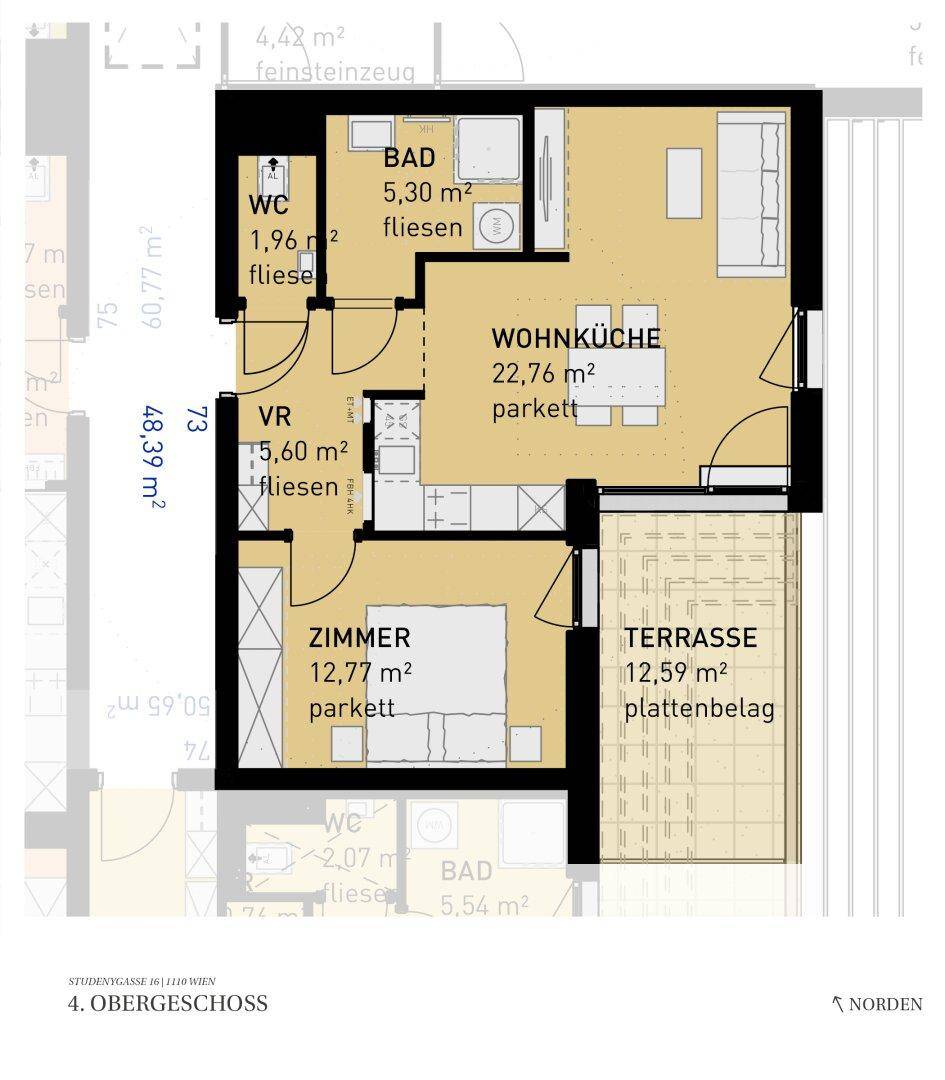 Grundriss einer Wohnung mit offener Wohnküche, Schlafzimmer, Bad, WC und großer Terrasse.