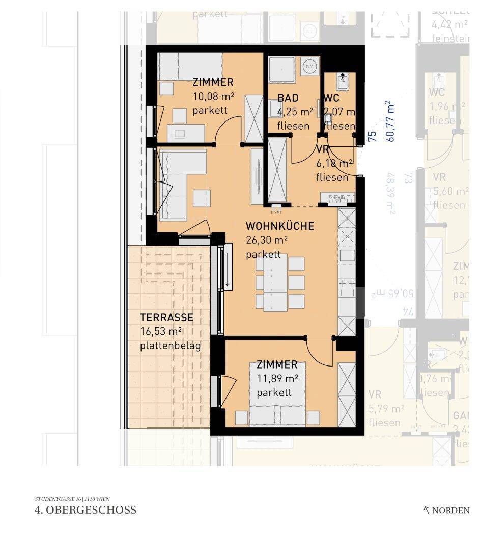 Grundriss einer Wohnung im 4. Obergeschoss mit offener Wohnküche, zwei Zimmern, Bad, separatem WC und großer Terrasse.