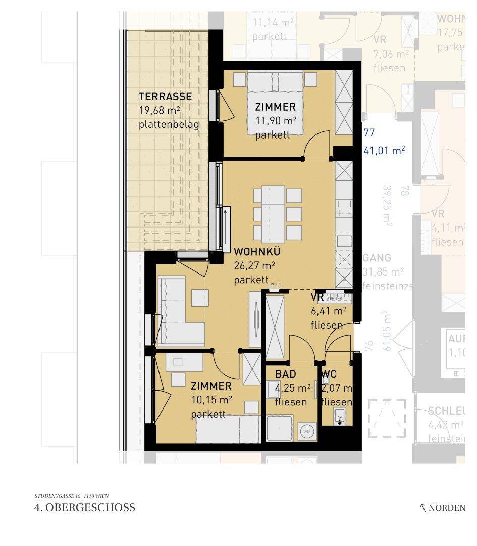 Grundriss einer Wohnung im 4. Obergeschoss mit offener Wohnküche, zwei Zimmern, Bad, separatem WC und großer Terrasse.