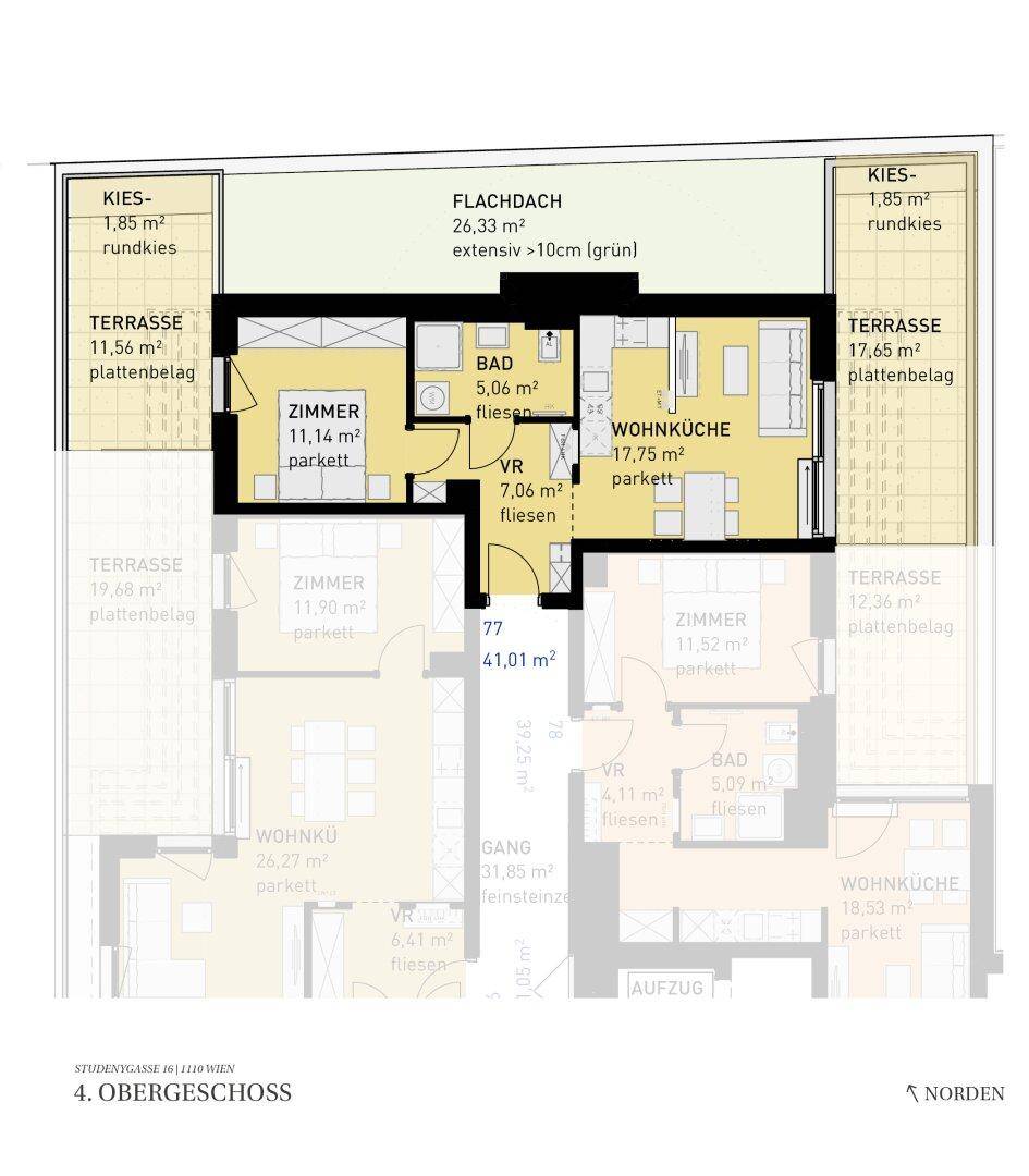 Grundriss einer Wohnung im 4. Obergeschoss mit offener Wohnküche, einem Schlafzimmer und zwei Terrassen.