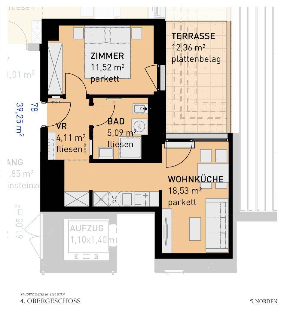 Grundriss einer Wohnung im 4. Obergeschoss mit offenem Wohn-Essbereich, Schlafzimmer und großer Terrasse.