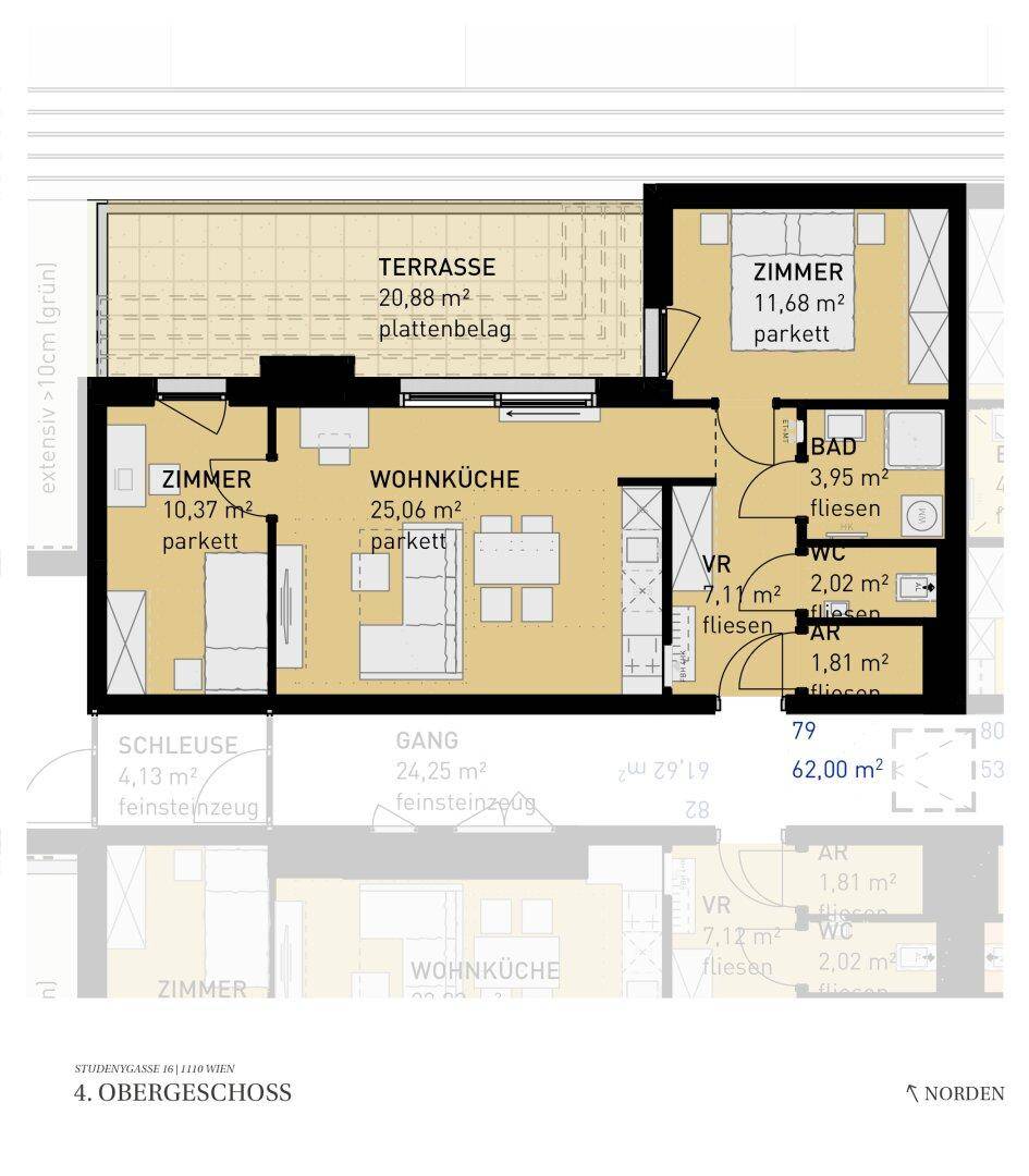 Grundriss des 4. Obergeschosses mit offener Wohnküche, zwei Zimmern, Bad, separatem WC und großer Terrasse.