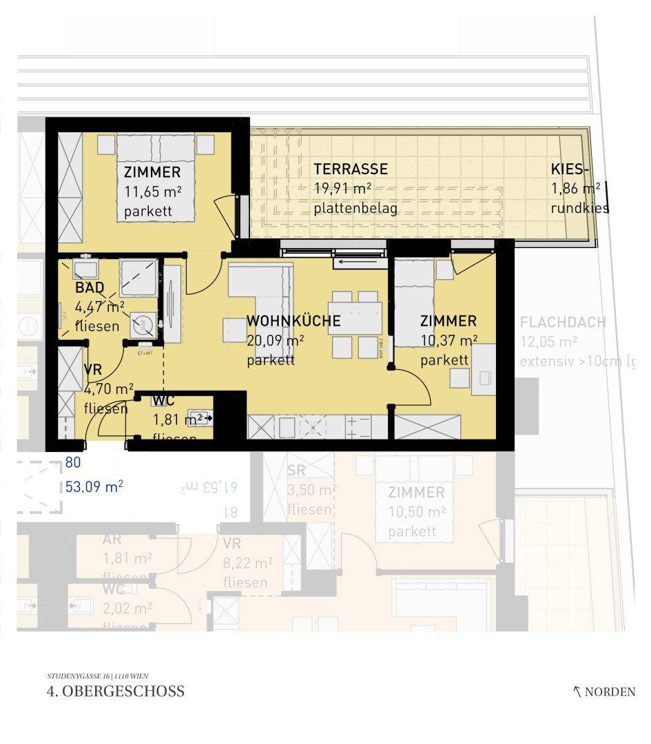 Detaillierter Grundriss einer Wohnung mit Wohnküche, Zimmern, Bad, WC und großer Terrasse.