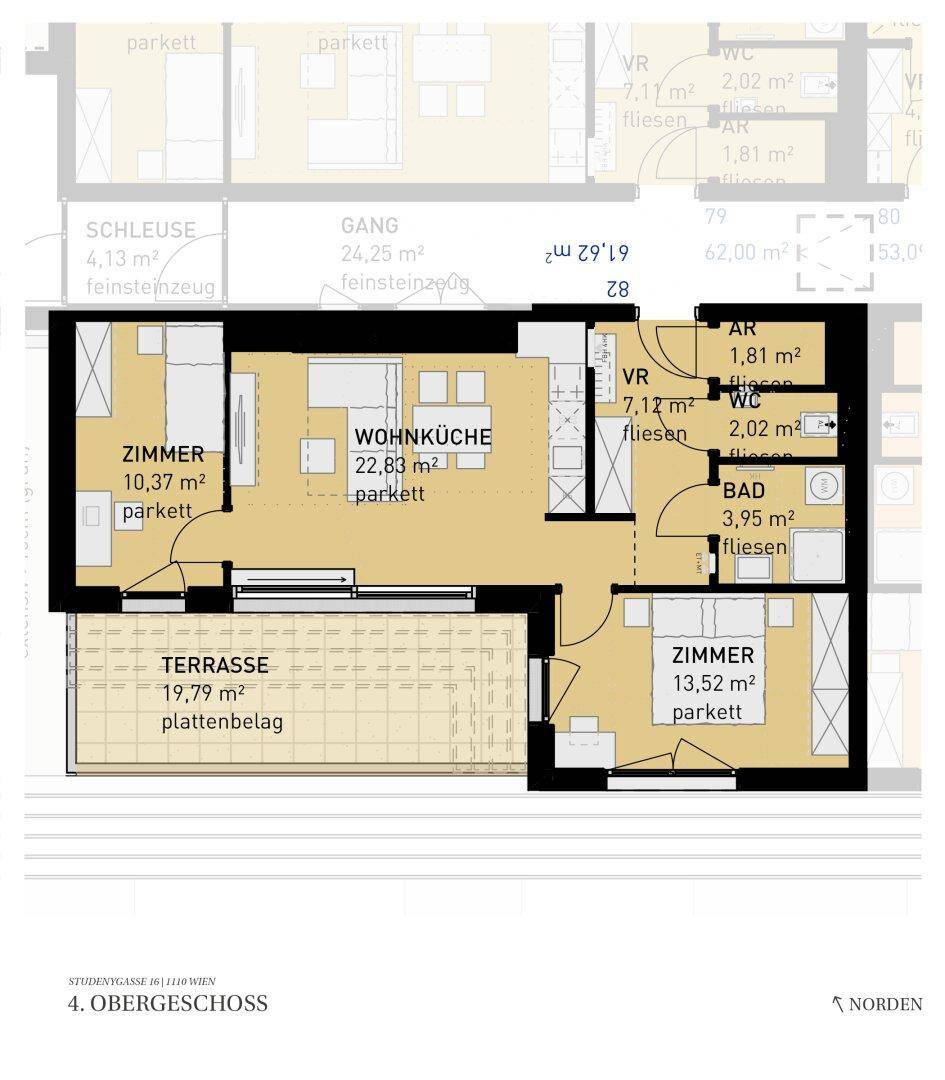 Grundriss des 4. Obergeschosses mit offener Wohnküche, zwei Schlafzimmern, Bad und großer Terrasse.