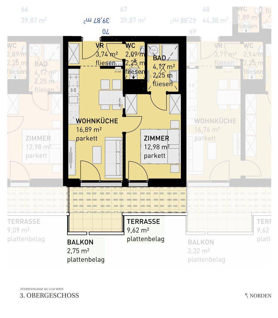 Grundriss einer Wohnung mit Wohnküche, Zimmer, Bad, WC, Balkon und Terrasse.