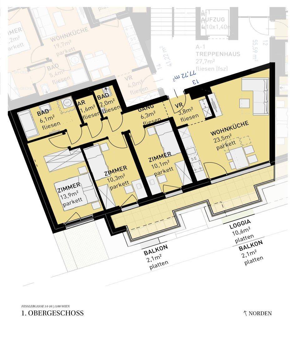 Grundriss des ersten Obergeschosses mit offener Wohnküche, zwei Bädern, Balkonen und Loggia.