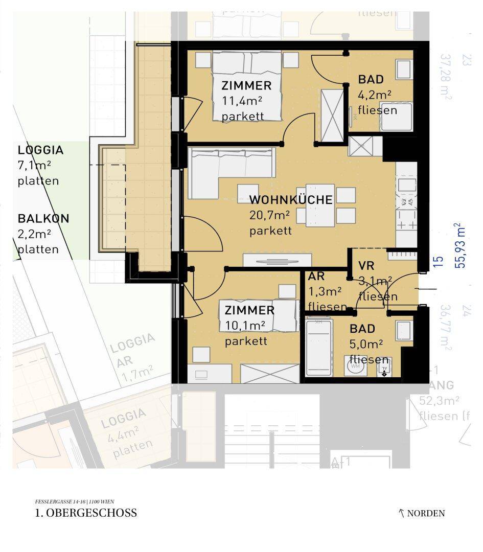 Grundriss einer Wohnung im ersten Obergeschoss mit offener Wohnküche, zwei Schlafzimmern, zwei Bädern, Loggia und Balkon.