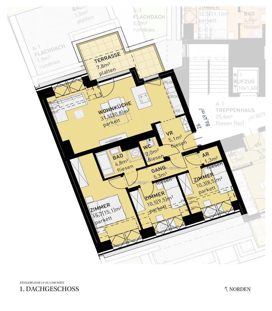 Grundriss des Dachgeschosses mit offener Wohnküche, drei Zimmern, Bad, separatem WC und einer Terrasse.