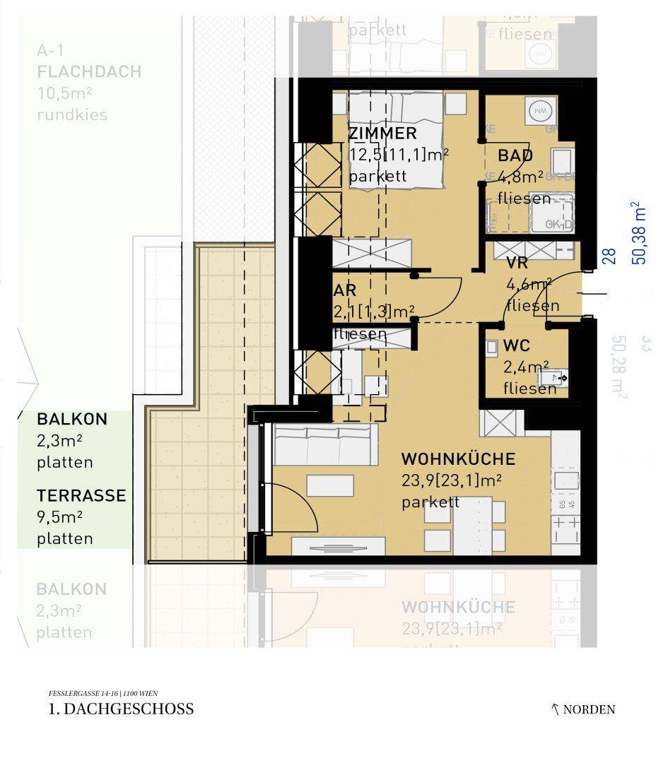 Grundriss des 1. Dachgeschosses mit offener Wohnküche, Schlafzimmer, Bad, separatem WC, Abstellraum, Balkon und Terrasse.