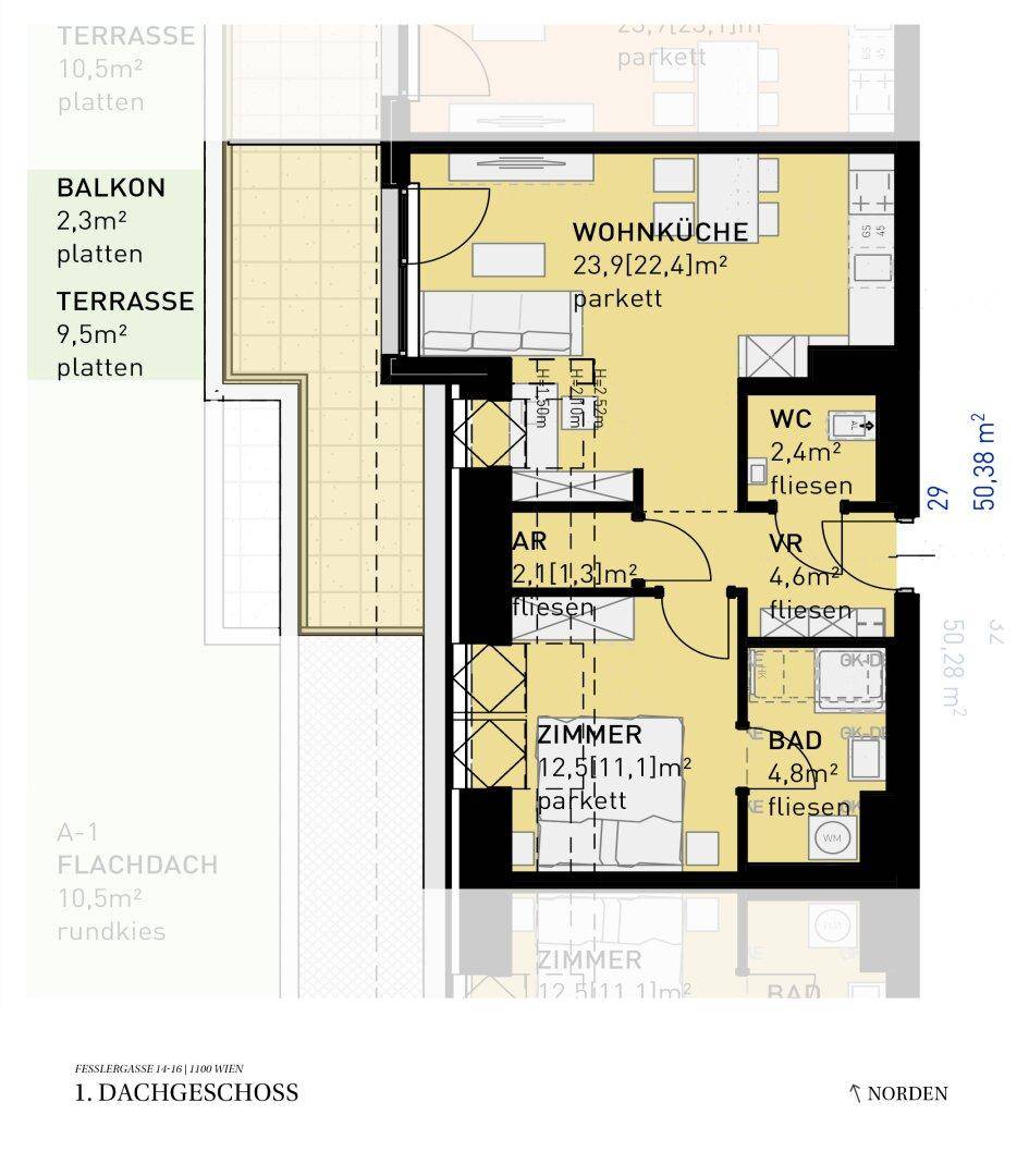 Grundriss einer Wohnung mit offener Wohnküche, einem Schlafzimmer, Bad, separatem WC und Zugang zu Balkon und Terrassen.