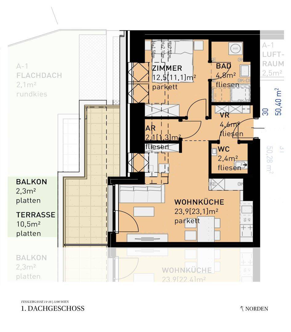 Grundriss des 1. Dachgeschosses mit Wohnküche, Schlafzimmer, Bad, separatem WC, Abstellraum, Balkon und Terrasse.