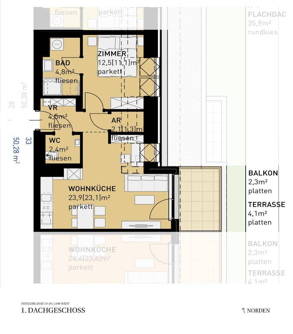 Grundriss des 1. Dachgeschosses mit offener Wohnküche, Schlafzimmer, Bad, WC, Balkon und Terrasse.