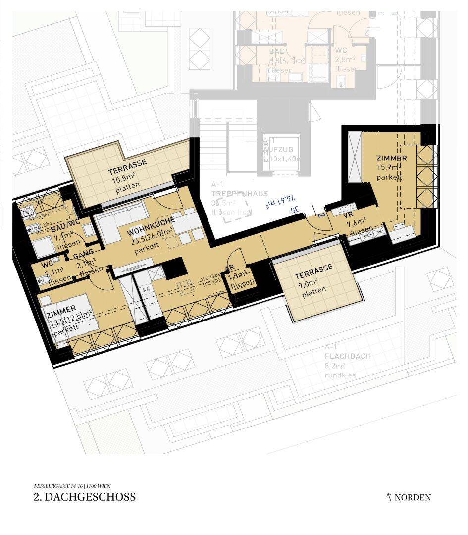 Grundriss des 2. Dachgeschosses mit offener Wohnküche, zwei Schlafzimmern und zwei Terrassen.