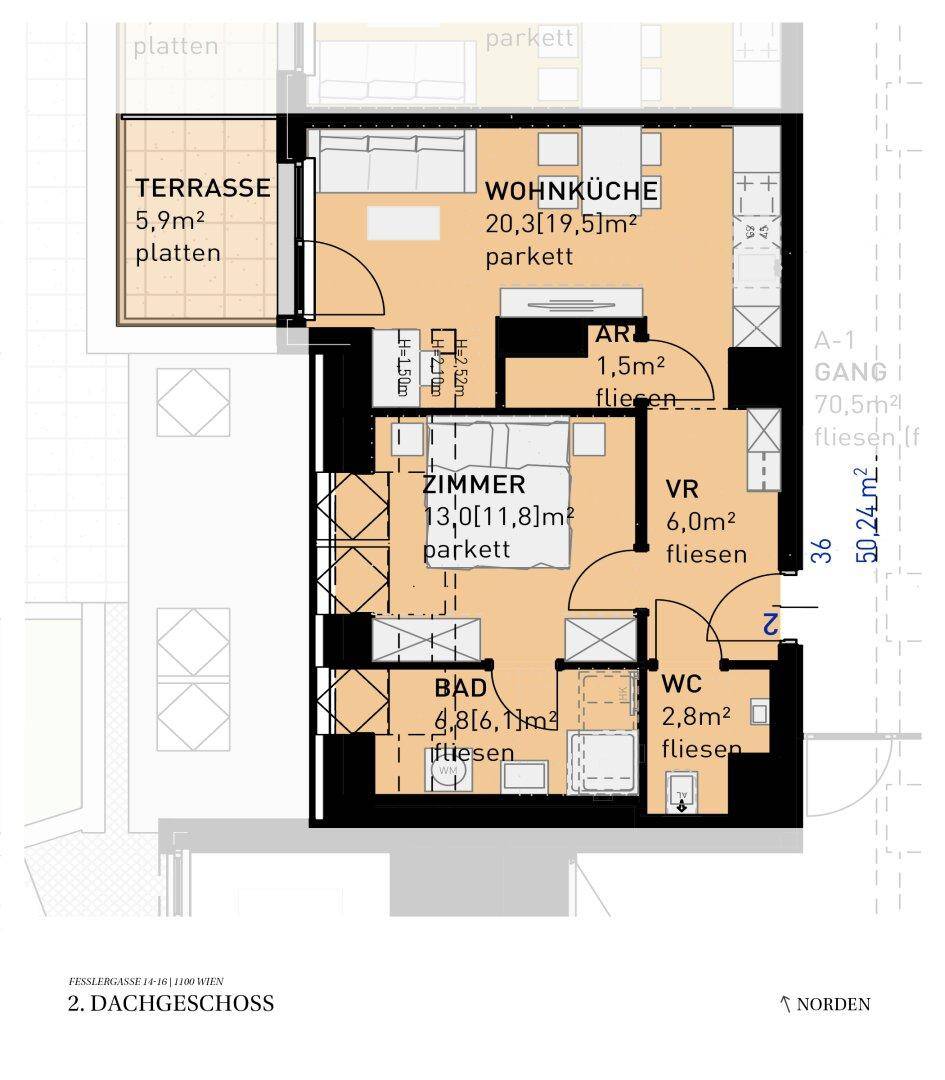 Grundriss einer Dachgeschosswohnung mit offener Wohnküche, Schlafzimmer, Bad, separatem WC und einer Terrasse.