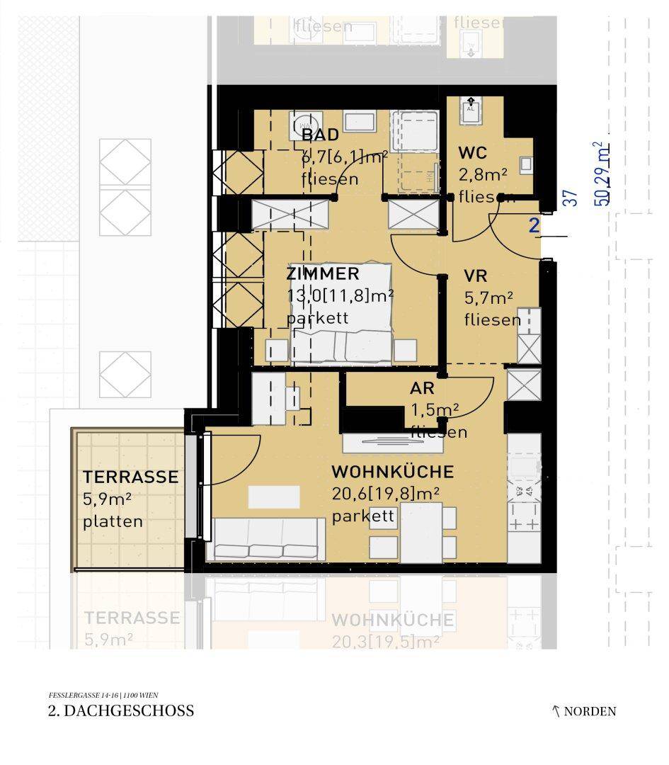 Grundriss des 2. Dachgeschosses mit offener Wohnküche, Schlafzimmer, Bad, separatem WC und Terrasse.