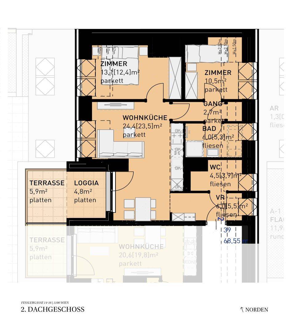 Detaillierter Grundriss einer Wohnung mit offener Wohnküche, zwei Zimmern, Bad, separatem WC, Terrasse und Loggia.