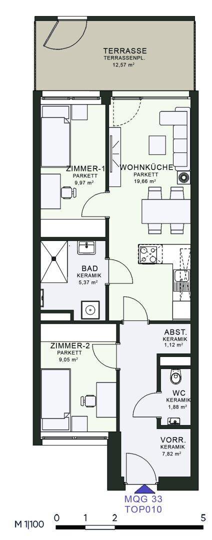Grundriss einer Wohnung mit zwei Schlafzimmern, offener Wohnküche und Terrasse.