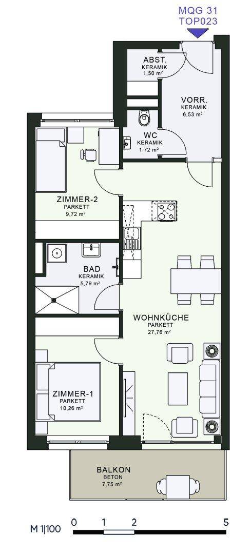 Detaillierter Grundriss einer Wohnung mit zwei Zimmern, Wohnküche und Balkon.