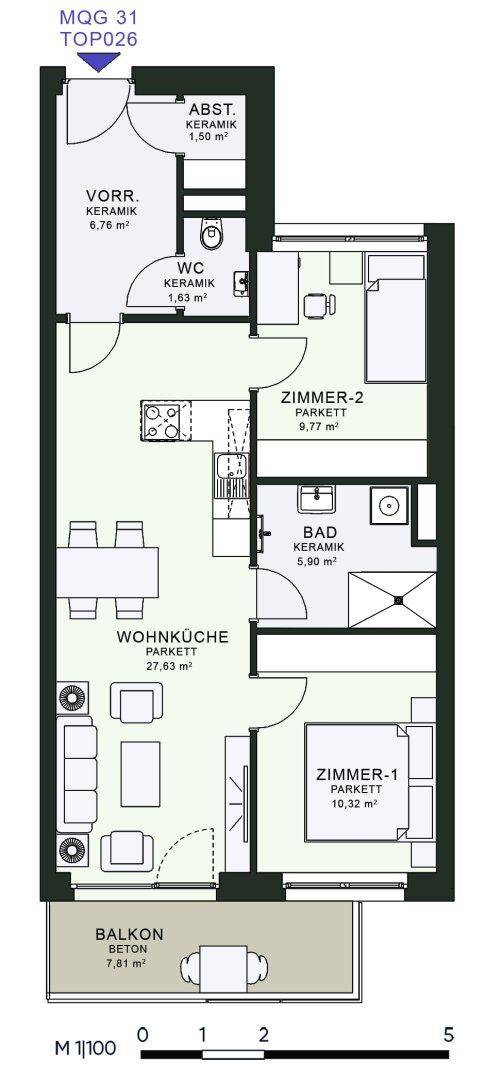 Grundriss einer Wohnung mit zwei Zimmern, Wohnküche, Bad, WC und Balkon.