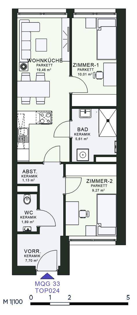 Detaillierter Grundriss einer Wohnung mit Wohnküche, zwei Zimmern und separatem WC.