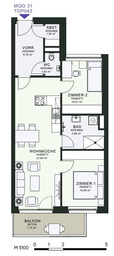 Detaillierter Grundriss einer Wohnung mit offener Wohnküche, zwei Zimmern und Balkon.
