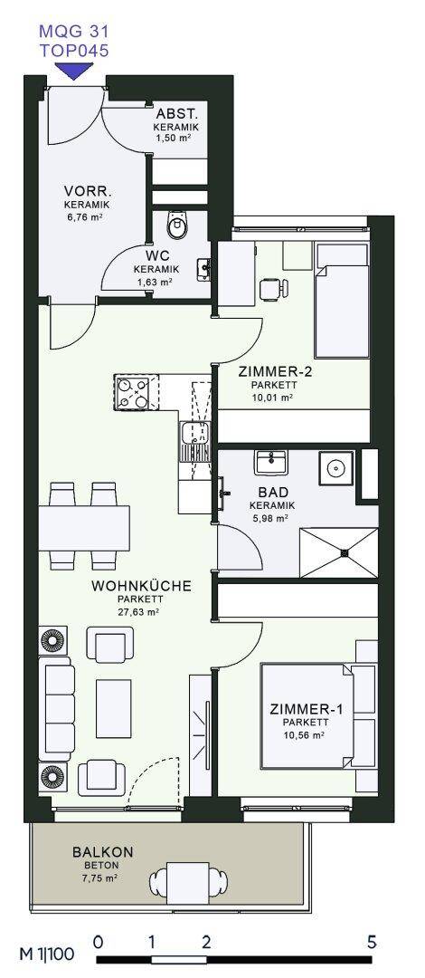 Grundriss einer Wohnung mit offener Wohnküche, zwei Zimmern und Balkon.