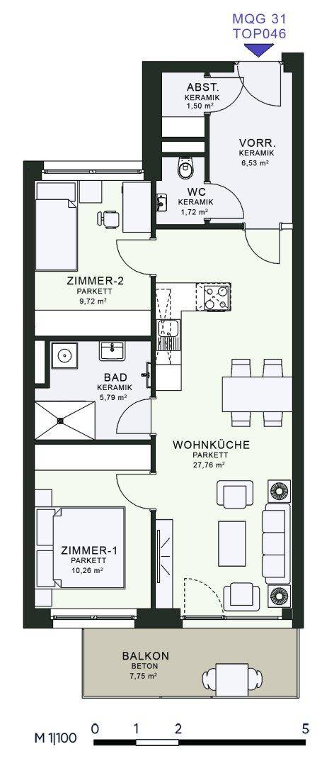 Grundriss einer Wohnung mit zwei Zimmern, Wohnküche, Bad, WC und Balkon.