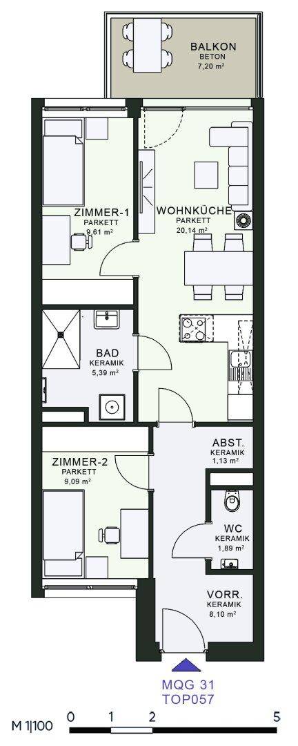 Grundriss einer Wohnung mit zwei Zimmern, offener Wohnküche und einem Balkon.