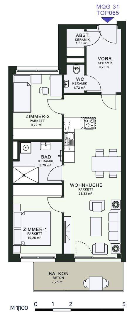 Grundriss einer Wohnung mit zwei Schlafzimmern, offener Wohnküche und Balkon.