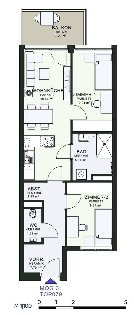 Grundriss einer Wohnung mit zwei Zimmern, Wohnküche, Bad, WC und Balkon.