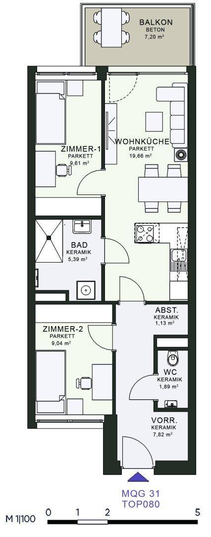 Grundriss einer Wohnung mit zwei Zimmern, Wohnküche, Bad, WC und Balkon.