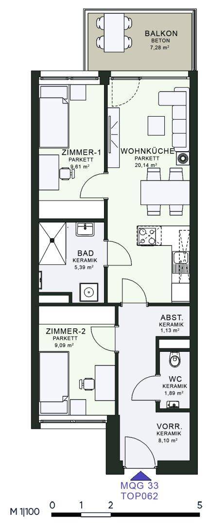Grundriss einer Wohnung mit zwei Zimmern, offener Wohnküche, Bad, WC und Balkon.