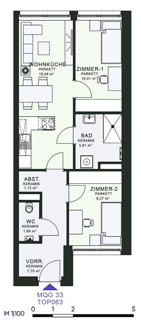 Grundriss einer Wohnung mit offener Wohnküche, zwei Schlafzimmern und separatem WC.
