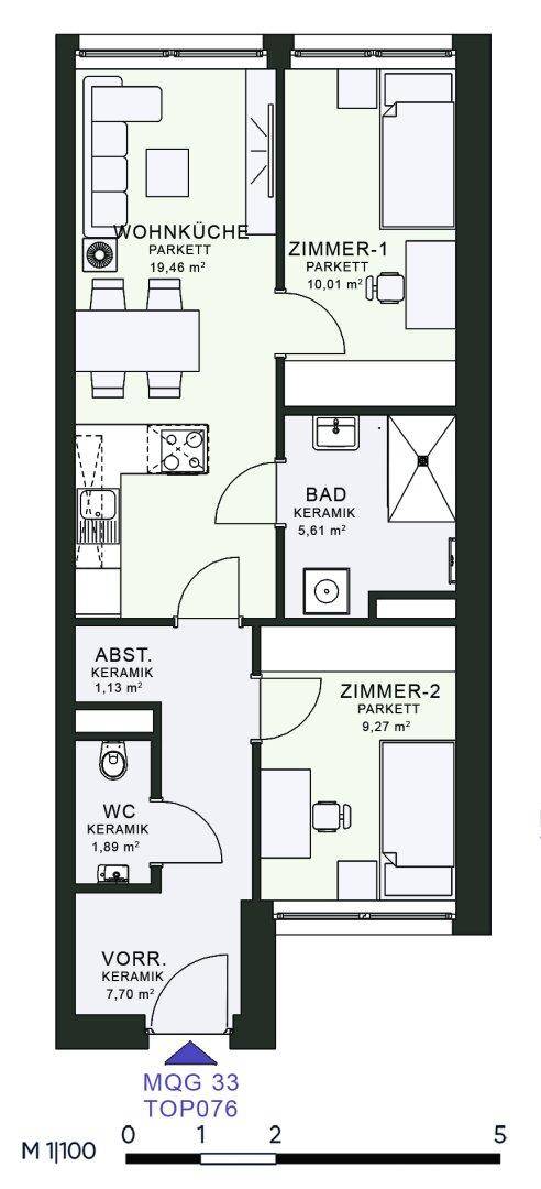 Grundriss einer Wohnung mit Wohnküche, zwei Zimmern, Bad und separatem WC.