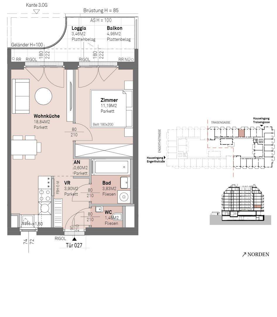 Grundriss einer Wohnung mit Wohnküche, Schlafzimmer, Bad, WC, Loggia und Balkon.