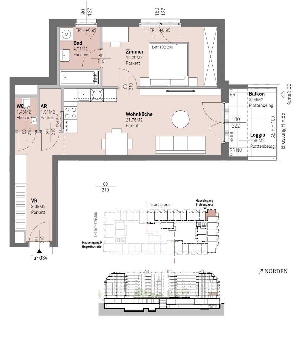 Grundriss einer Wohnung mit Wohnküche, Schlafzimmer, Bad und Balkon.
