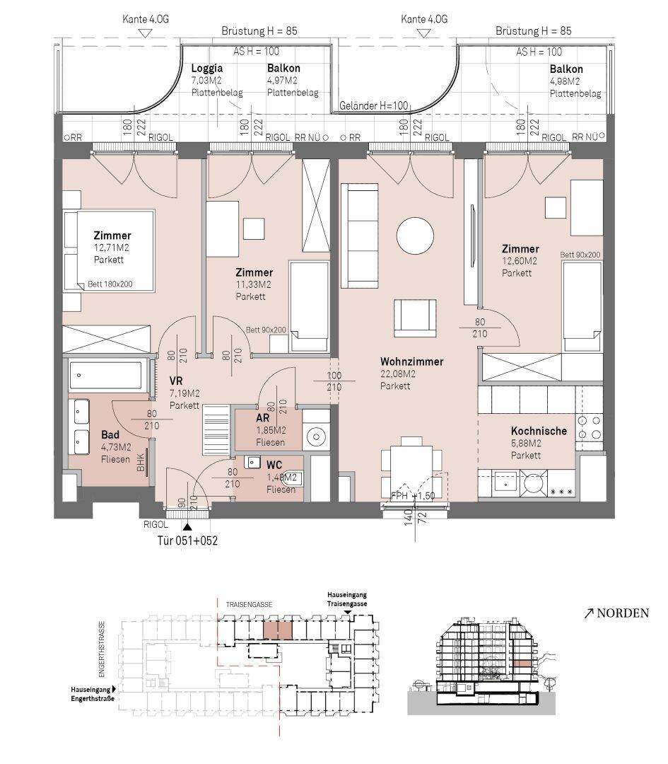 Detaillierter Grundriss einer Wohnung mit zwei Schlafzimmern, Balkon und Loggia.