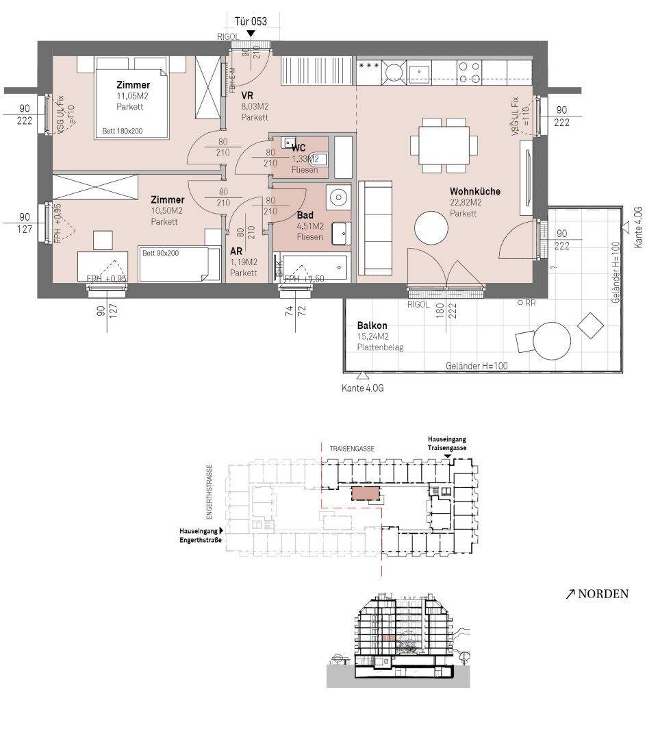 Detaillierter Grundriss einer Wohnung mit drei Zimmern, Balkon und offenem Wohnbereich.