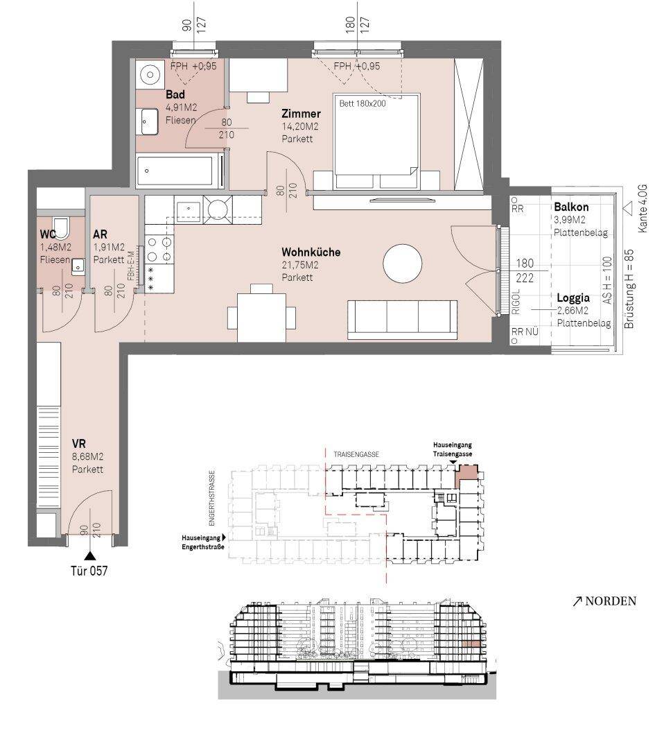 Detaillierter Grundriss einer Wohnung mit Wohnküche, Schlafzimmer, Bad und Balkon.