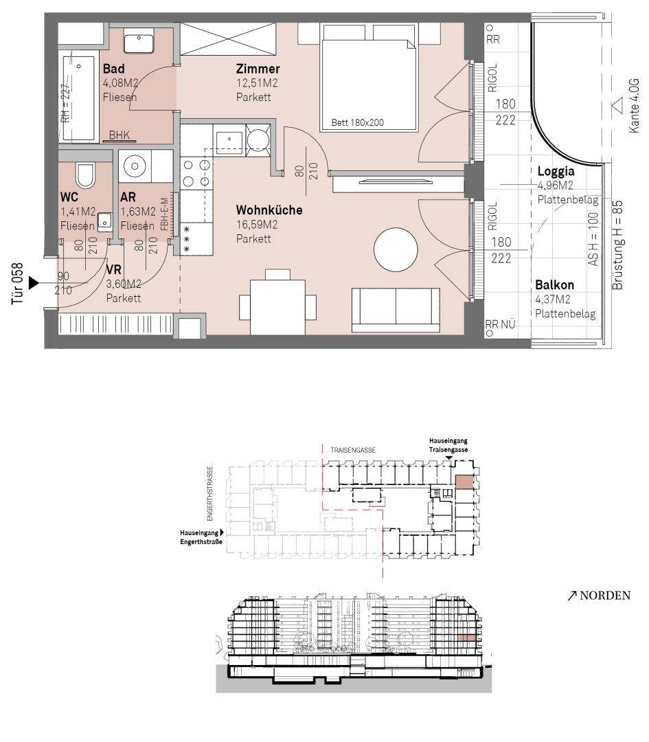 Detaillierter Grundriss einer Wohnung mit Wohnküche, Schlafzimmer und Loggia.