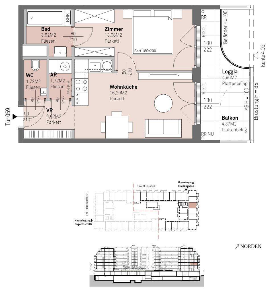 Detaillierter Grundriss einer Wohnung mit Wohnküche, Schlafzimmer, Bad, WC, Loggia und Balkon.