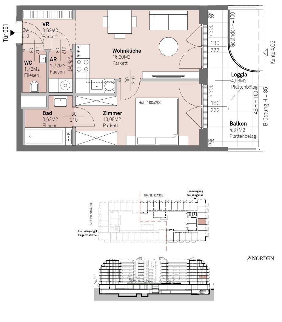 Detaillierter Grundriss einer Wohnung mit Wohnküche, Schlafzimmer, Bad und Loggia.