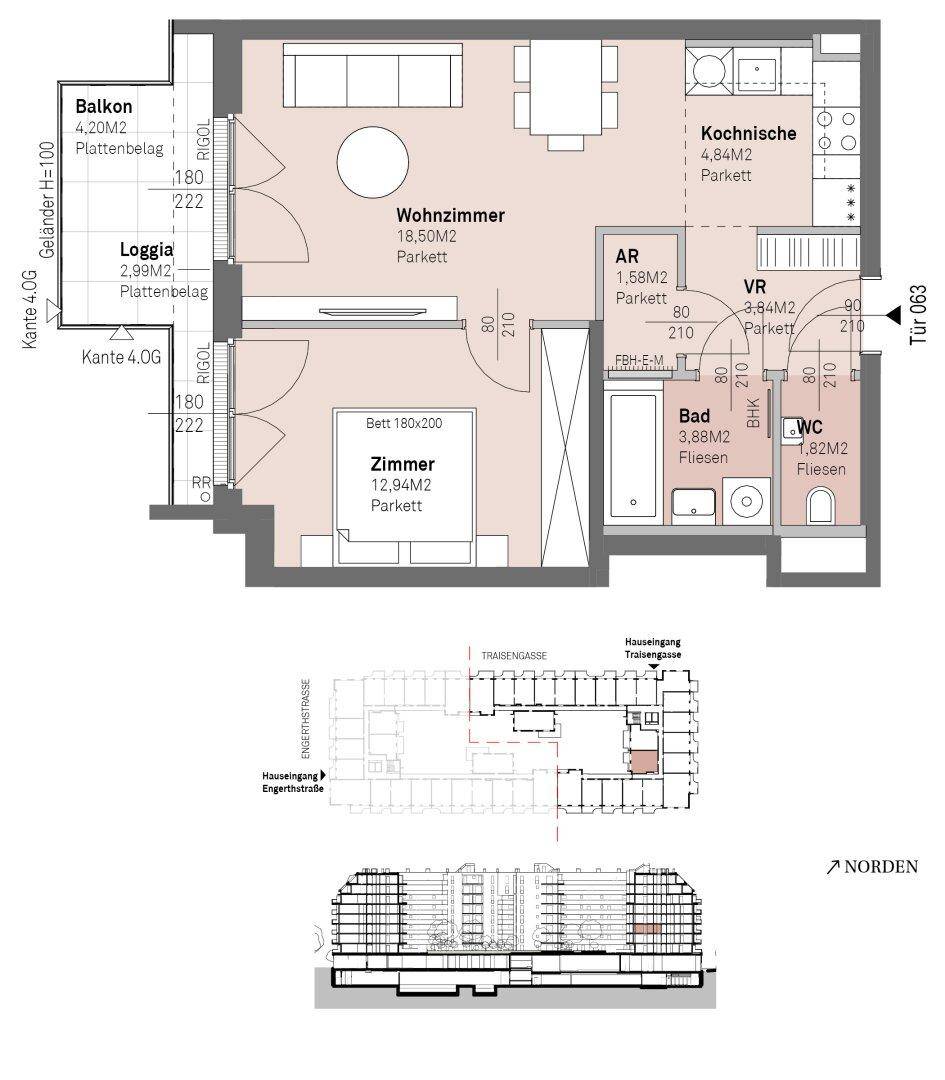 Grundriss einer Wohnung mit Wohnzimmer, Schlafzimmer, Bad, WC, Kochnische und Balkon.