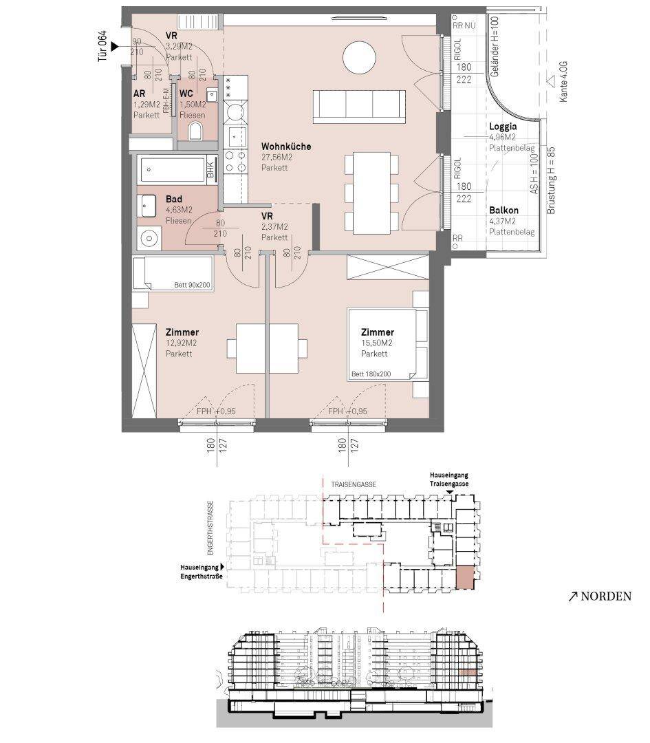 Detaillierter Grundriss einer Wohnung mit Wohnküche, zwei Zimmern, Bad und Loggia.