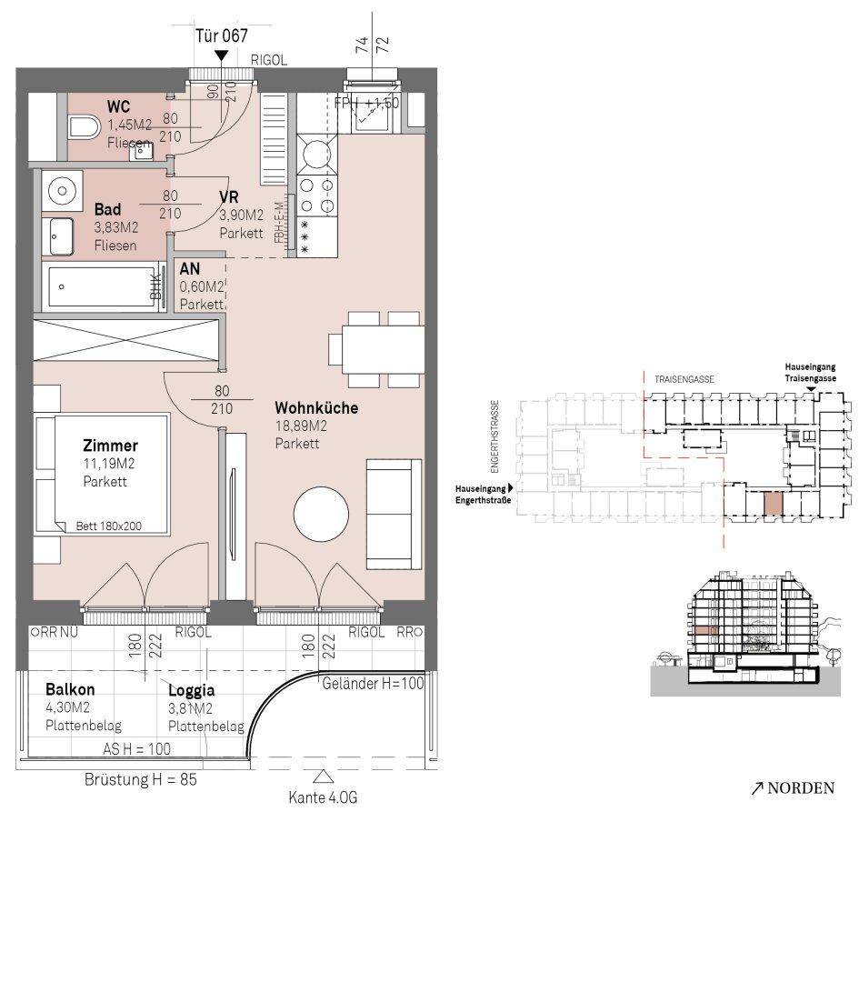 Detaillierter Grundriss mit Wohnküche, Schlafzimmer, Bad, WC, Balkon und Loggia.