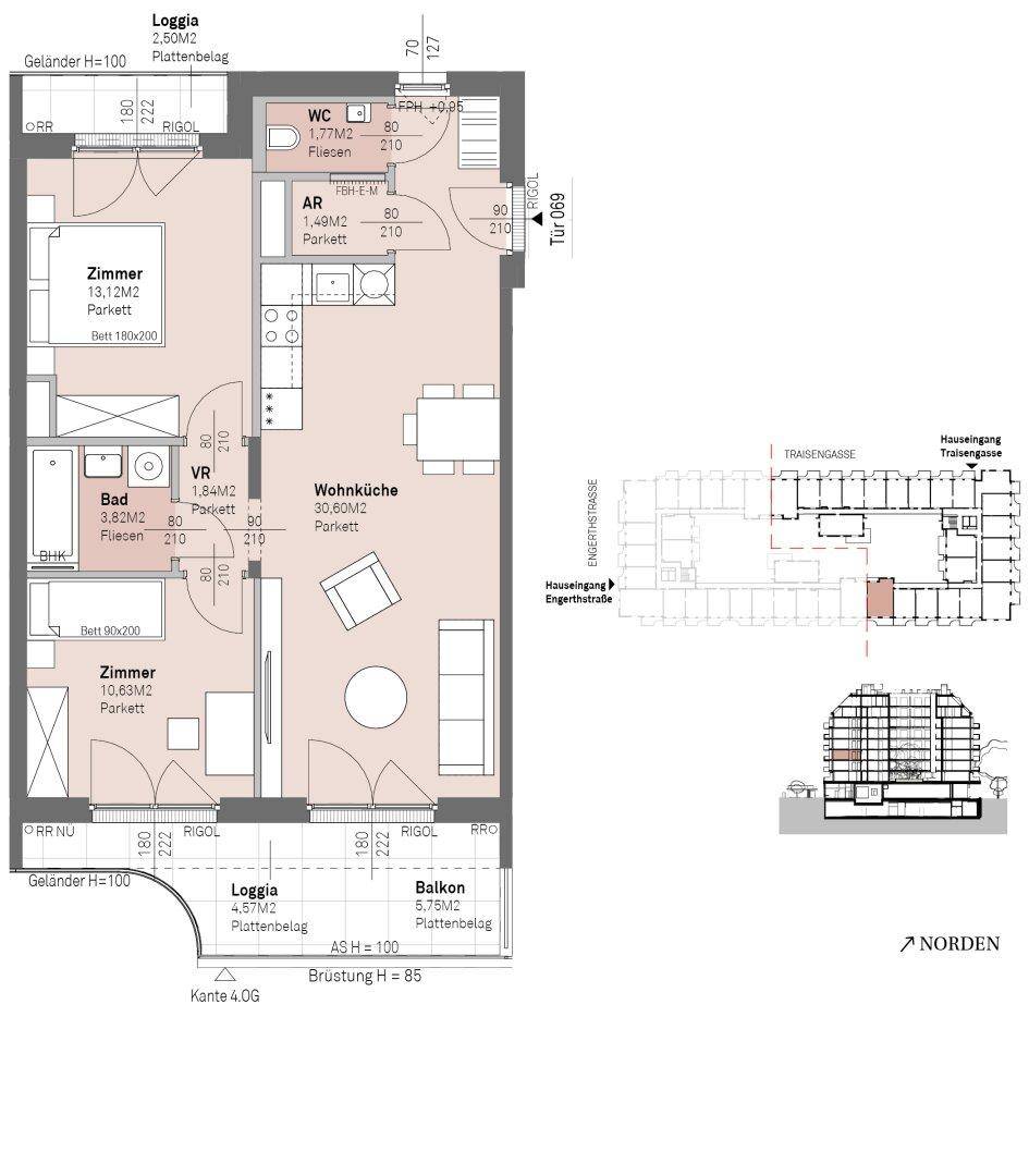 Detaillierter Grundriss einer Wohnung mit Loggia und Balkon, inklusive Lageplan des Gebäudes.