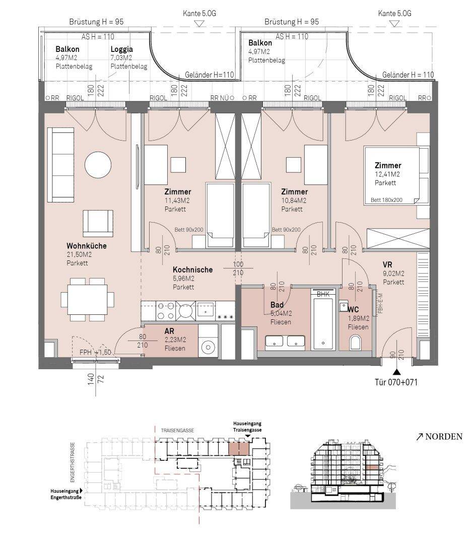 Grundriss einer Wohnung mit offenem Wohnbereich, zwei Schlafzimmern und Balkon.