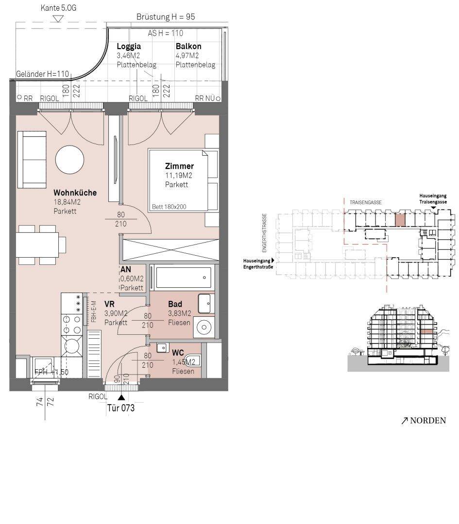 Grundriss einer Wohnung mit Wohnküche, Schlafzimmer, Bad und Loggia.